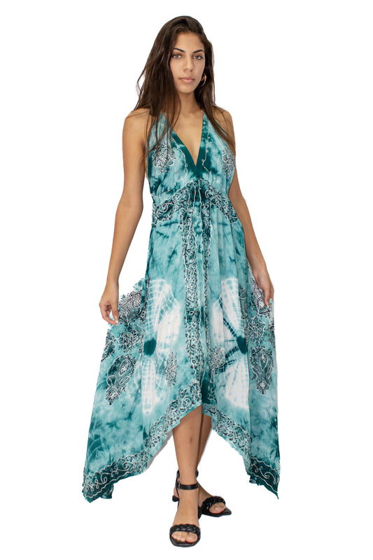 acid-wash long spaghetti strap Embroidered dress Teal